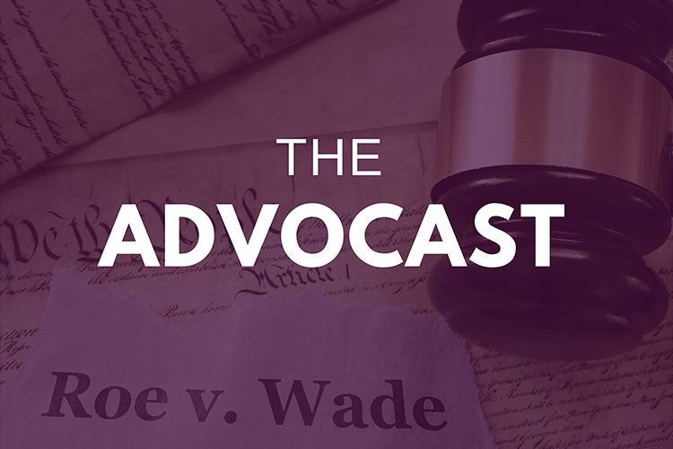 [ai] A gavel resting on a legal document with the text 'Roe v. Wade' visible, accompanied by the title 'THE ADVOCAT' in bold white letters over a purple background.